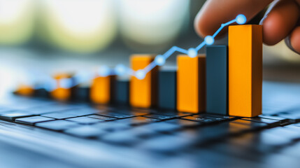 Ascending Growth: A hand gently places a wooden block, symbolizing upward momentum, on a bar graph rising above a laptop keyboard.
