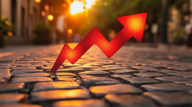Red Arrow of Progress:  A vibrant red arrow points upward on a cobblestone street, symbolizing growth, progress, and success against a warm sunset backdrop.