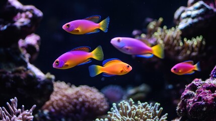 Obraz premium A vibrant underwater scene featuring colorful fish swimming among coral.