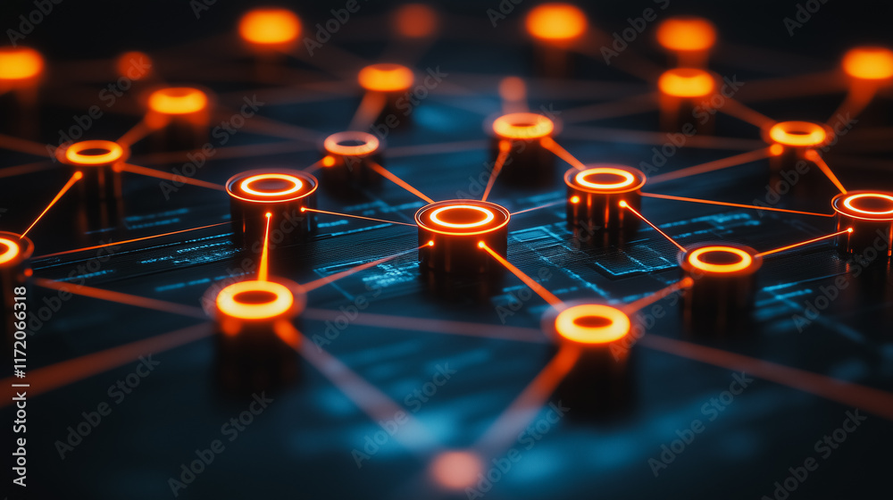 Poster interconnected network: a mesmerizing abstract image depicting a network of glowing orbs connected b