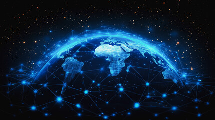 Fototapeta premium Global Connectivity: A mesmerizing digital illustration of a luminous Earth, its continents outlined in glowing blue lines, interconnected by a web of digital connections.
