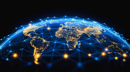 Fototapeta premium Global Network: A captivating image of a glowing Earth surrounded by intricate network lines, symbolizing global connectivity, interconnectedness, and the power of communication. 