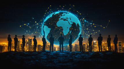 Global Network: A group of diverse business professionals stand tall, silhouetted against a glowing digital globe, symbolizing global reach, interconnectedness, and a shared vision for the future.