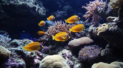Obraz premium A vibrant underwater scene featuring yellow fish swimming among coral reefs.