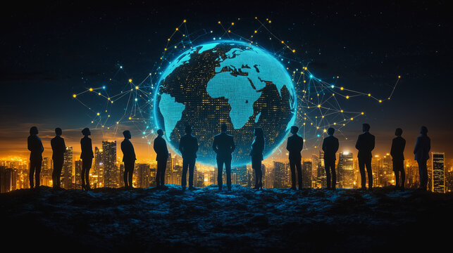 Global Network: A group of diverse business professionals stand tall, silhouetted against a glowing digital globe, symbolizing global reach, interconnectedness, and a shared vision for the future.