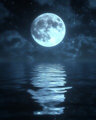 Full moon reflecting on calm water at night.