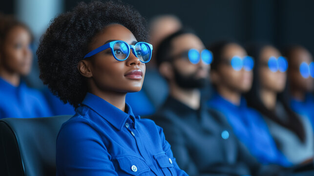Blue Hue Audience: Captivating cinematic experience. A woman in blue, wearing blue 3D glasses, sits among a diverse audience, all engrossed in a movie.