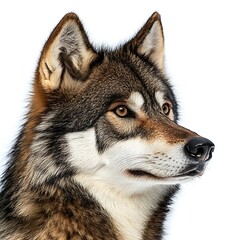 Obraz premium Wolf portrait, looking right, white background, wildlife photography, for nature websites.