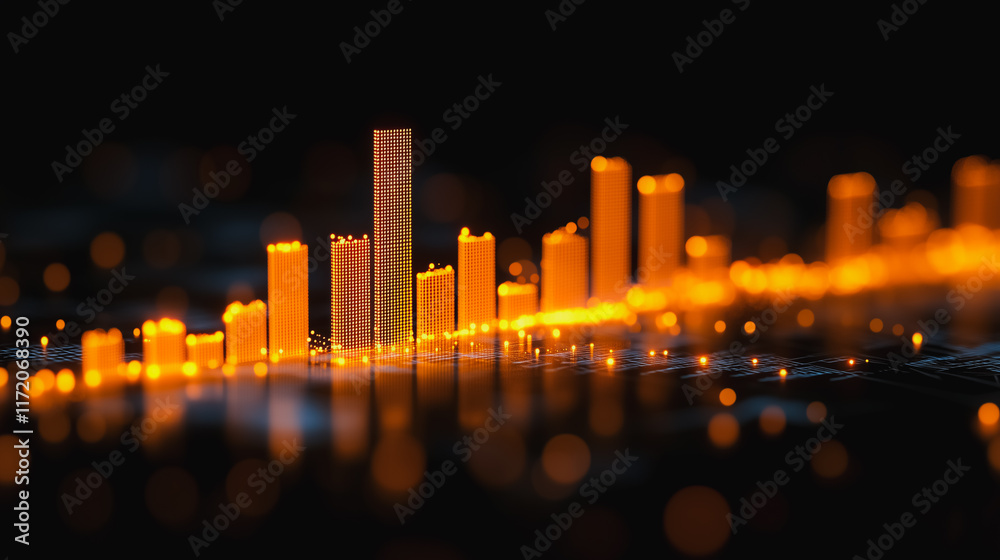 Poster glowing data visualization: abstract 3d rendering of a dynamic bar chart, showcasing vibrant orange 
