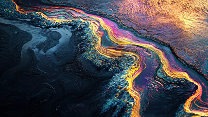 Obraz premium A futuristic alluvial diagram with glowing, flowing paths in radiant colors, displayed against a polished metallic surface, creating a sleek, high-tech data visualization with a modern