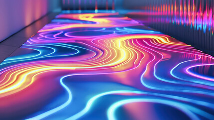 A futuristic alluvial diagram with glowing, flowing paths in radiant colors, displayed against a polished metallic surface, creating a sleek, high-tech data visualization with a modern