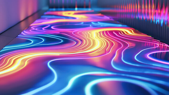 A futuristic alluvial diagram with glowing, flowing paths in radiant colors, displayed against a polished metallic surface, creating a sleek, high-tech data visualization with a modern