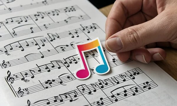A detailed view of a hand putting a colorful music note sticker on a sheet of music.