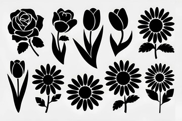 black floral silhouettes with flowers and leaves for natural and artistic decorative illustrations