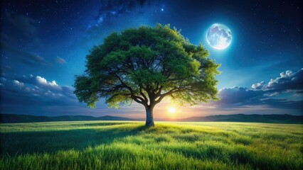 Fototapeta premium Mystical forest at night, illuminated branches, dark green grass, low light photography.