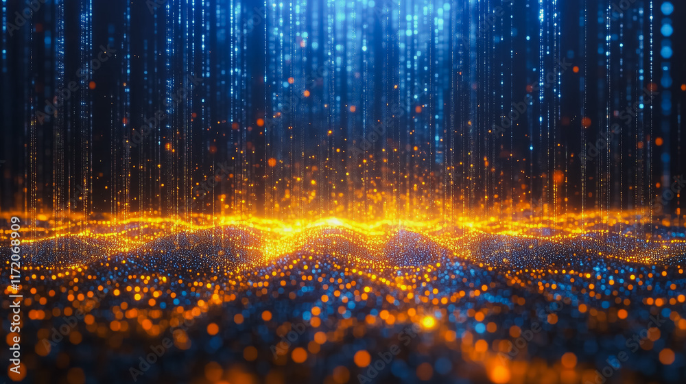 Poster digital rain: a captivating abstract backdrop of glowing particles cascading like digital rain, crea