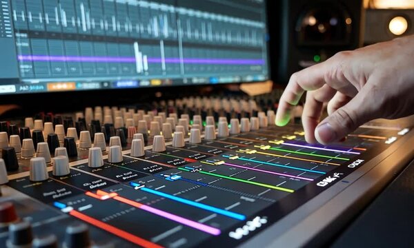 A close-up of a computer screen shows a multi-track recording interface. A hand clicks on a timeline marker.