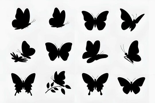 Fototapeta butterfly silhouettes in black with various wing shapes on a white background