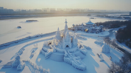 stunning aerial view of Harbin Sun Island, showcasing intricate ice sculptures and blanket of snow. serene landscape captures beauty of winter in vibrant city