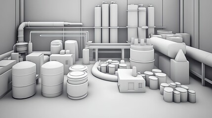 A monochromatic industrial scene featuring various storage tanks and pipes.