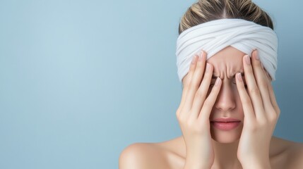Young Woman Struggling with Headache and Stress, Holding Forehead in Frustration Against a Light Background