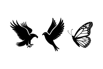 Fototapeta premium silhouette of a flying bird and butterfly, showcasing the beauty of nature and wildlife in simple shapes, ideal for creative designs, natural themes, and decorative illustrations.