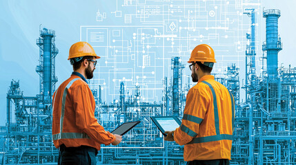 Two engineers reviewing digital refinery schematics.