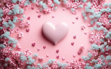 Obraz premium A heart-shaped object is beautifully adorned with vibrant flowers and lush leaves, creating a romantic and enchanting atmosphere for Valentine's Day.