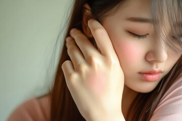 Fototapeta premium young woman gently touching her face, showcasing skin irritation and sensitivity. soft lighting highlights her delicate features and redness on her skin, evoking sense of vulnerability