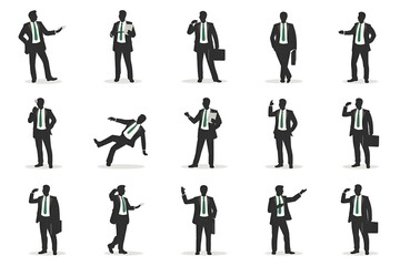 collection of black-and-white icons of businesspeople in professional attire, illustrating office culture, career growth, leadership, and workplace interaction.  