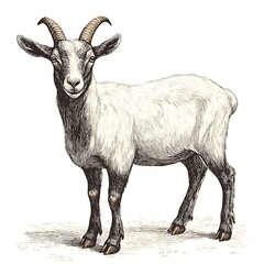 Fototapeta premium Detailed Engraving Illustration of a Goat Standing Against a White Background.