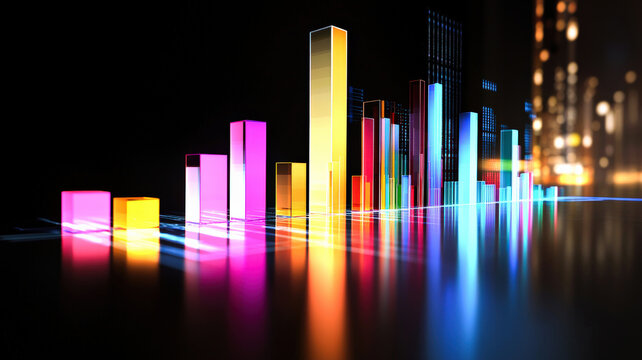 A futuristic box plot featuring illuminated, color-coded boxes and glowing outliers, displayed against a sleek, dark surface, showcasing modern data visualization with striking light reflections.
