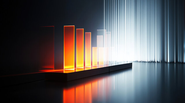 A futuristic box plot featuring illuminated, color-coded boxes and glowing outliers, displayed against a sleek, dark surface, showcasing modern data visualization with striking light reflections.
