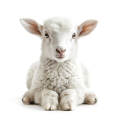 Obraz premium Adorable lamb, sitting, white background, spring. Perfect for greeting cards.