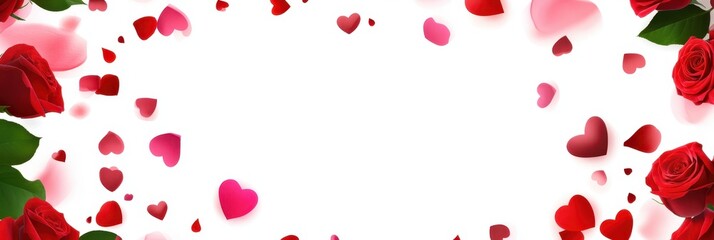 A vibrant red rose with numerous delicate petals, surrounded by hearts, symbolizing love and romance for Valentine's Day.