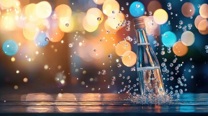 Splashing water bottle in vibrant bokeh background still life photography indoor setting artistic viewpoint