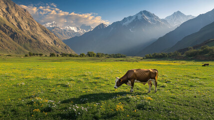 serene landscape features cow grazing in lush green meadow surrounded by majestic mountains. scene captures beauty of nature and tranquility