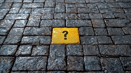 A yellow question mark tile stands out among dark, textured cobblestones.