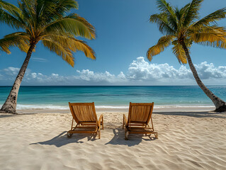 Obraz premium Two empty wooden beach chairs on a pristine sandy beach, under the shade of palm trees, facing a turquoise ocean on a sunny day.