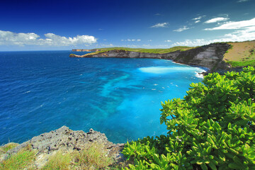 Fototapeta premium Ocean Meets Cliff: A Scenic View of Azure Water, Green Coastline, and a Bright Blue Sky with Clouds Tranquilly.