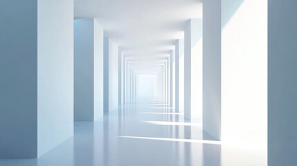 Fototapeta premium Endless corridor with white walls and bright light creating serene atmosphere, leading to distant light source. perfect space for reflection and tranquility