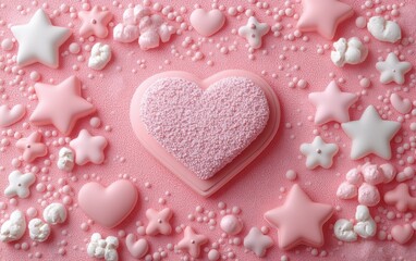 A beautifully decorated heart-shaped cake adorned with colorful toppings, perfect for celebrating love on Valentine's Day.