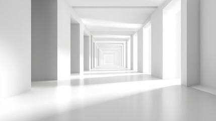 Endless corridor with white walls and bright light creating serene atmosphere, leading to distant vanishing point, evoking feelings of tranquility and spaciousness