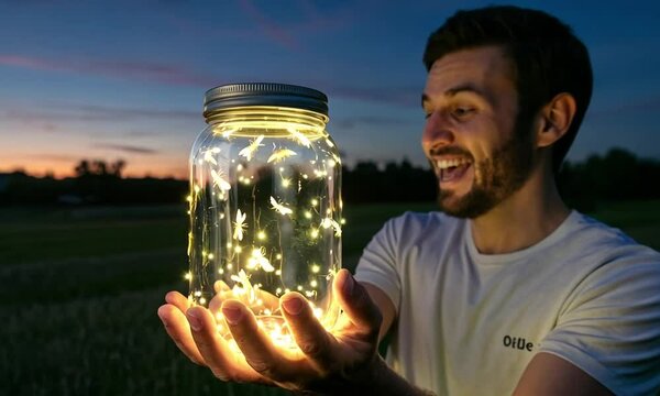 A man holds a jar of fireflies, with an excited expression