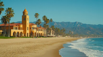 Beachside hotel, people sunbathing, mountains, serene coast, travel photo.