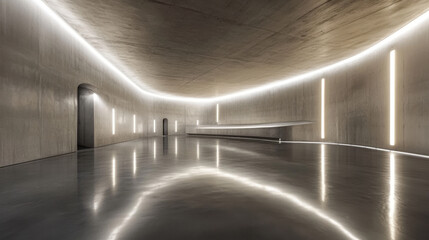 modern, spacious interior featuring smooth concrete walls and reflective flooring. design includes soft, ambient lighting that enhances minimalist aesthetic
