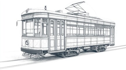 A detailed sketch of a vintage tram, showcasing its design and structure.