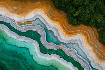 Aerial view of vibrant, layered, coastal landscape.