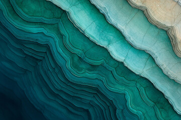 Abstract teal, blue, and beige wavy layers.