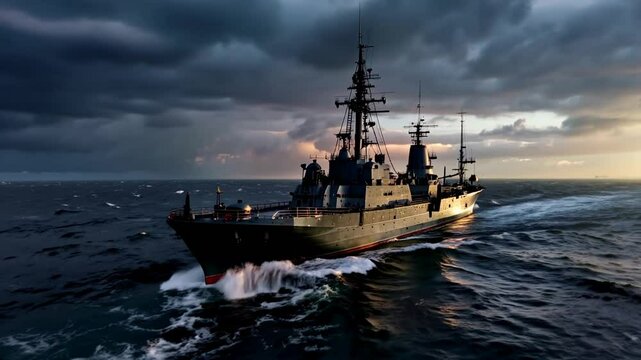 Aerial view of a warship, with bad weather after a rainstorm in the background. Generative ai